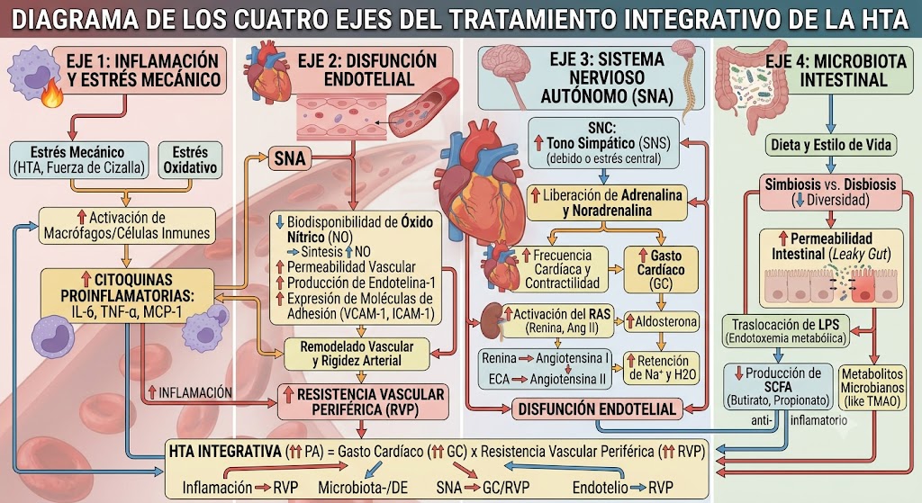 Diagrama de los cuatro ejes del tratamiento integrativo de la hipertensión arterial: inflamación, endotelio, sistema nervioso autónomo y microbiota intestinal