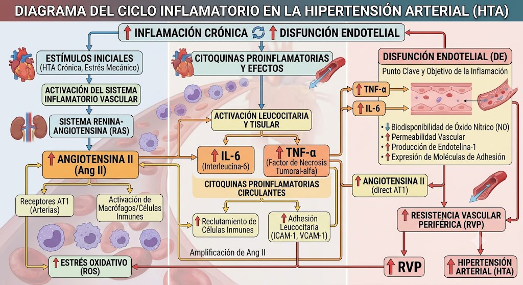Diagrama del ciclo inflamatorio en la hipertensión arterial mostrando IL-6, TNF-alfa, angiotensina II y disfunción endotelial