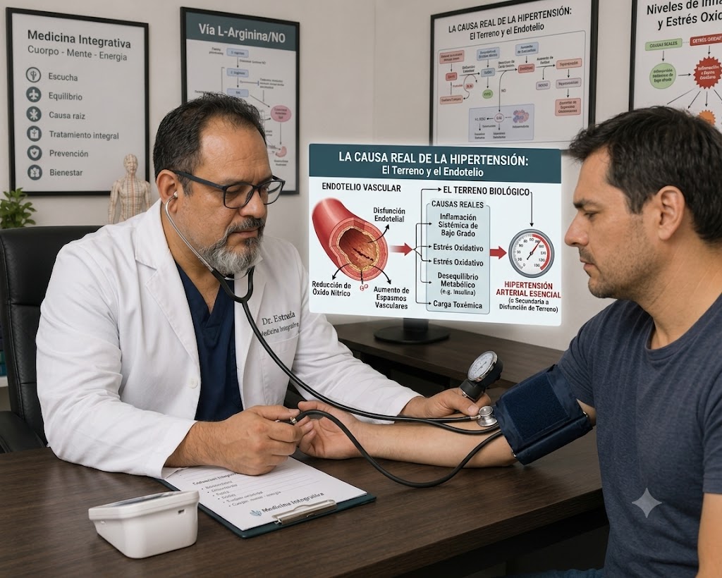 Médico midiendo la presión arterial mostrando el endotelio vascular y el terreno biológico como causa real de la hipertensión