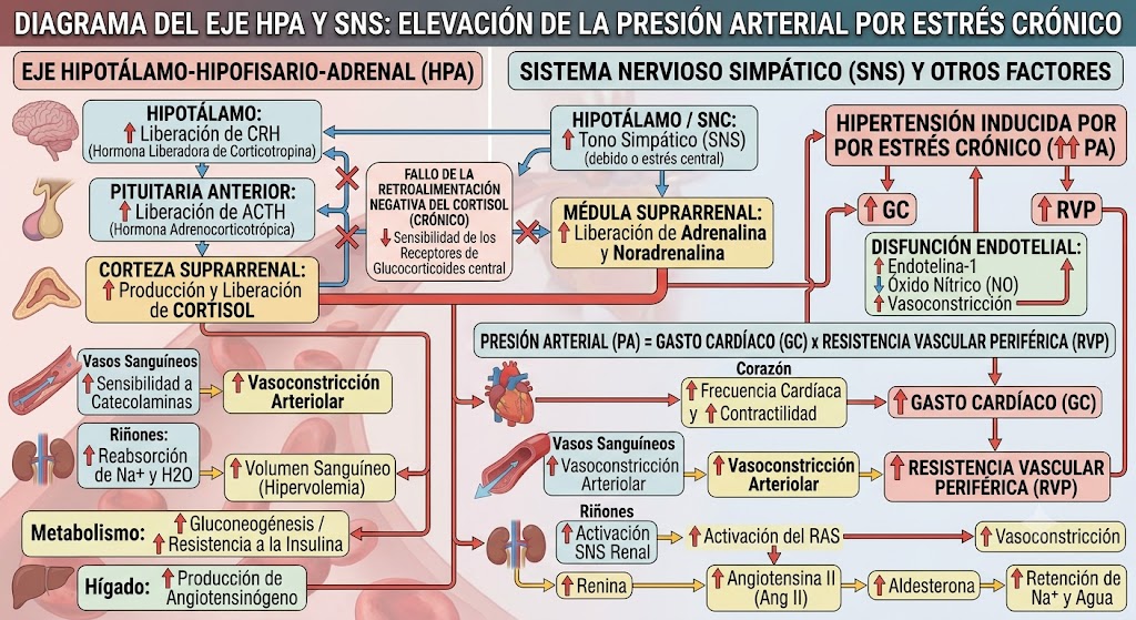 Diagrama del eje HPA mostrando cómo el cortisol y el sistema nervioso simpático elevan la presión arterial en pacientes con hipertensión por estrés crónico