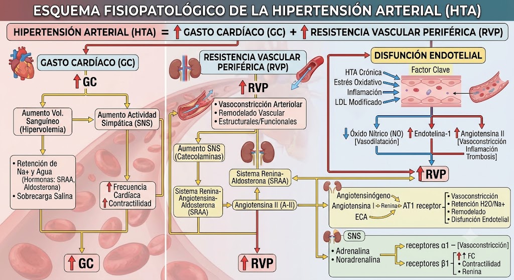 Esquema fisiopatológico de la hipertensión arterial mostrando gasto cardíaco, resistencia vascular periférica y disfunción endotelial