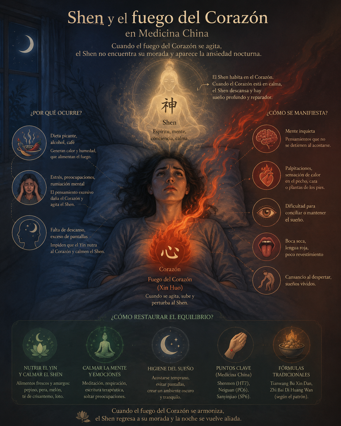 Ilustración conceptual del Shen y el fuego del Corazón en Medicina China para explicar la ansiedad nocturna