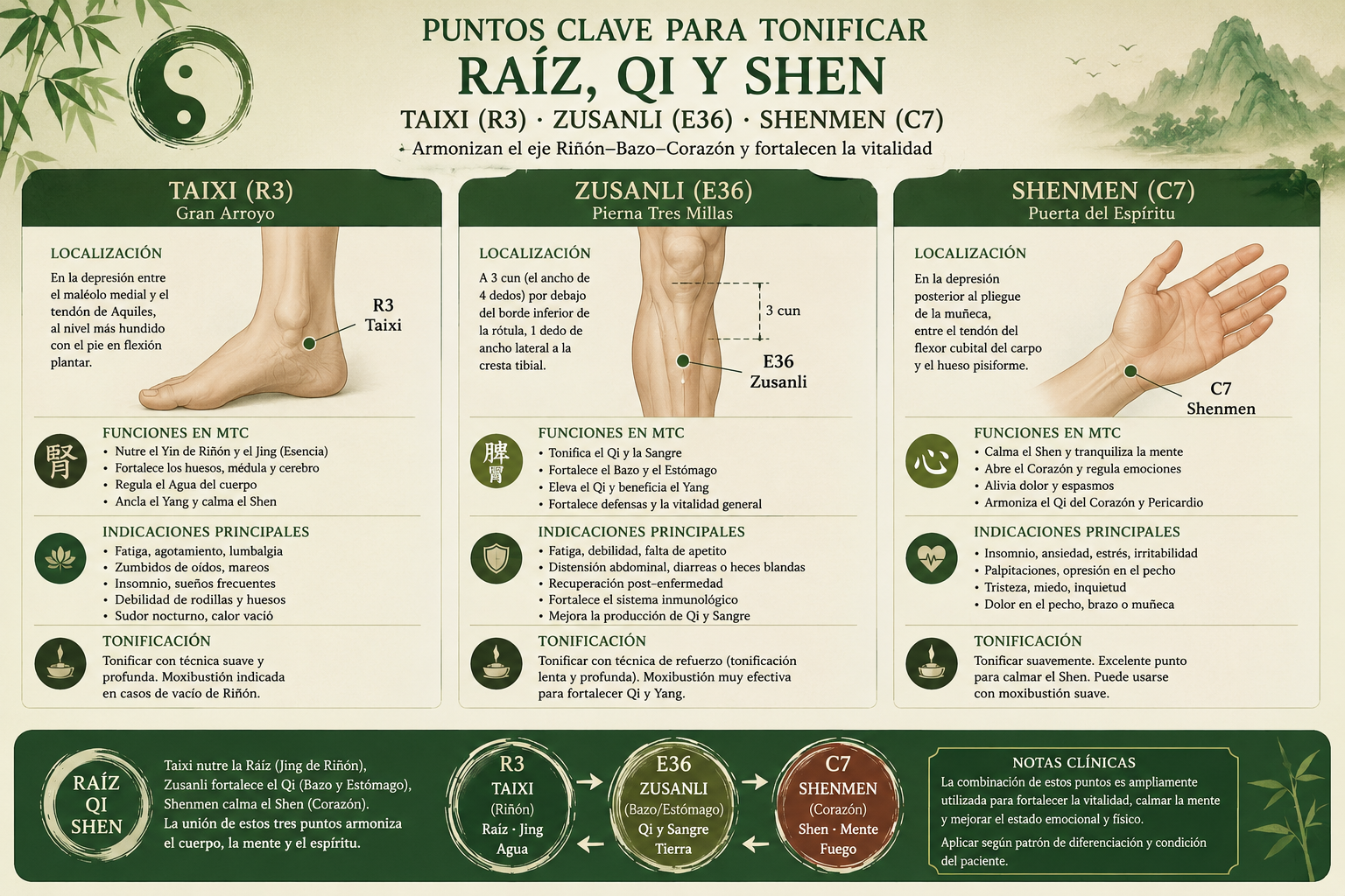 Puntos de acupuntura Taixi, Zusanli y Shenmen para tonificar el Jing