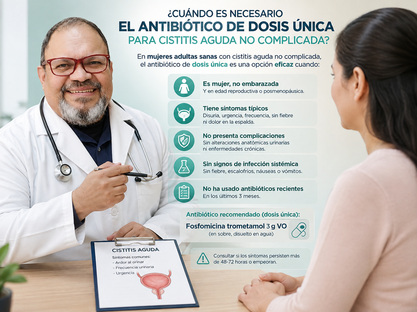 Médico explicando a paciente cuándo es necesario el antibiótico de dosis única para cistitis aguda no complicada