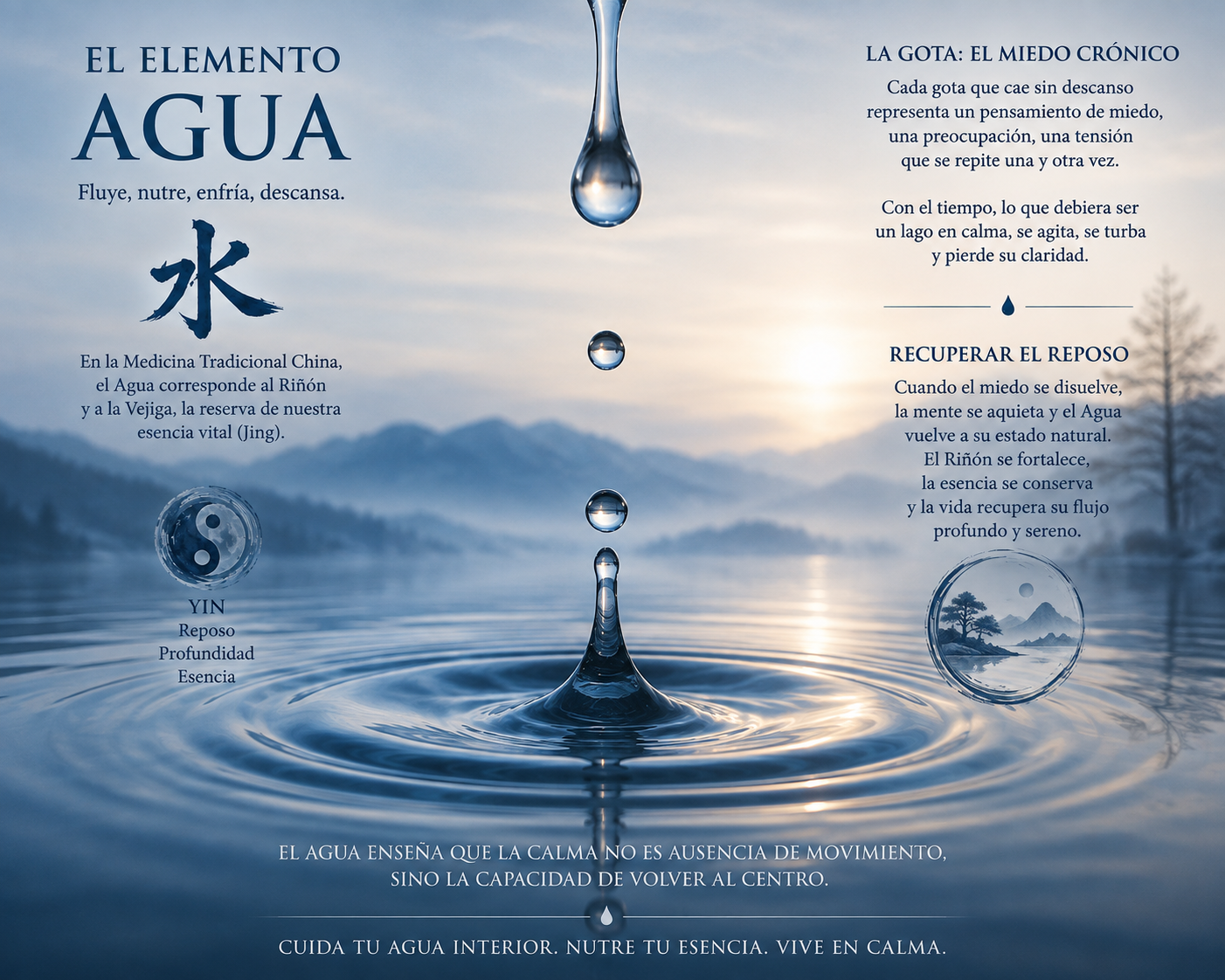 Gota de agua cayendo sobre una superficie en calma, metáfora del miedo crónico y la necesidad de recuperar el reposo del elemento Agua