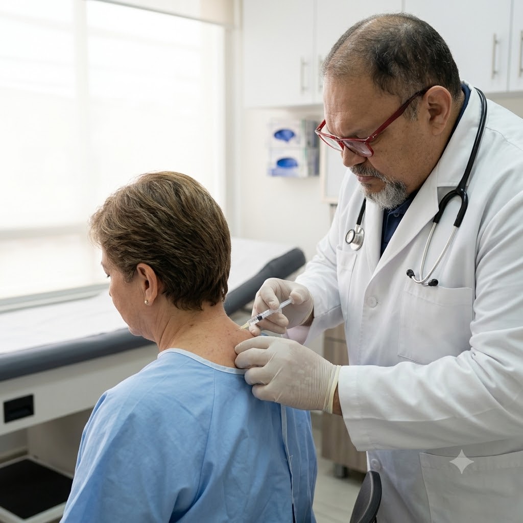 Médico aplicando una infiltración de procaína y complejo B en un punto gatillo del trapecio para tratar la cervicalgia crónica