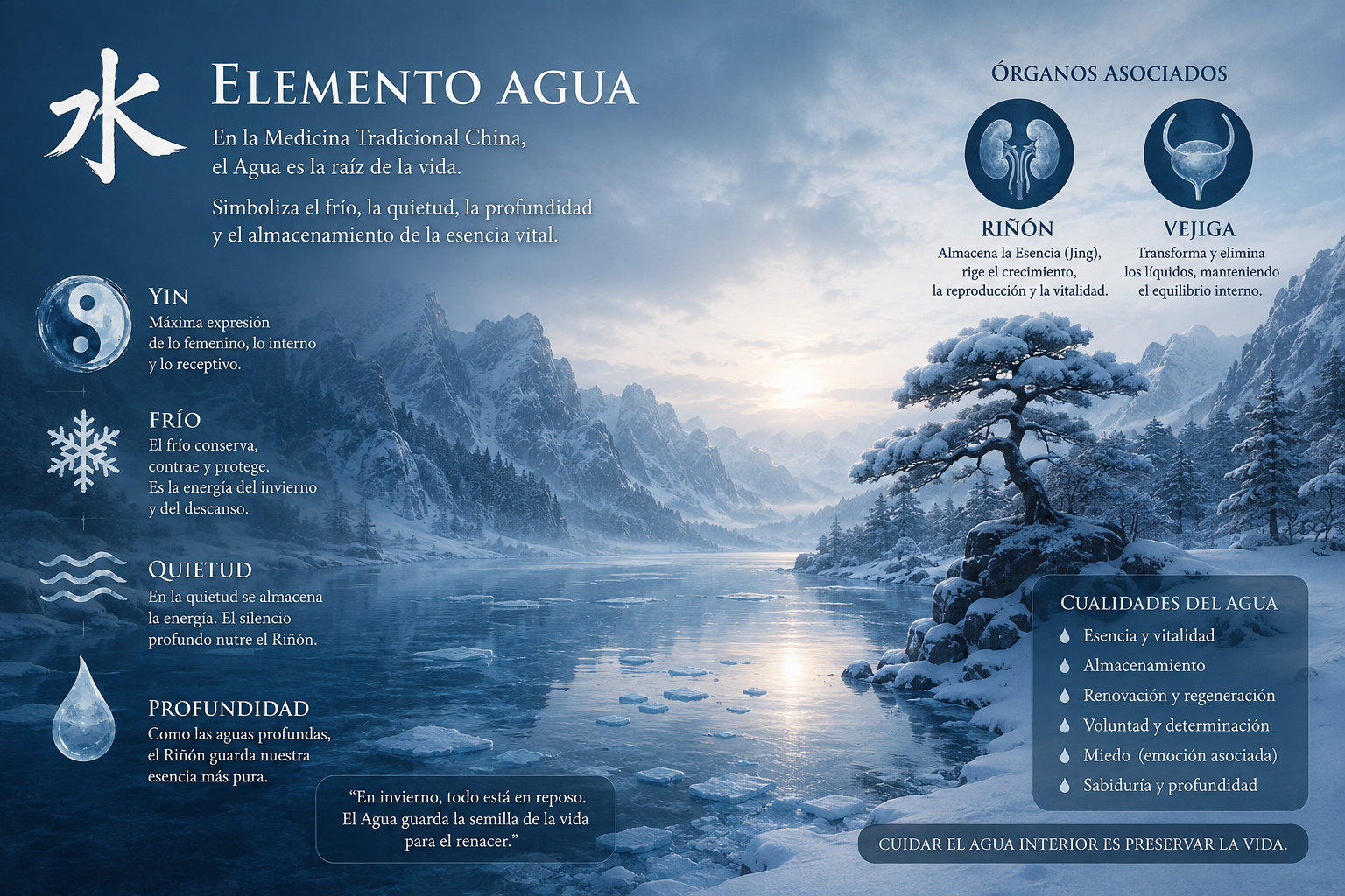 Paisaje de invierno representando el elemento Agua, el frío y la quietud asociados al Riñón en la Medicina Tradicional China
