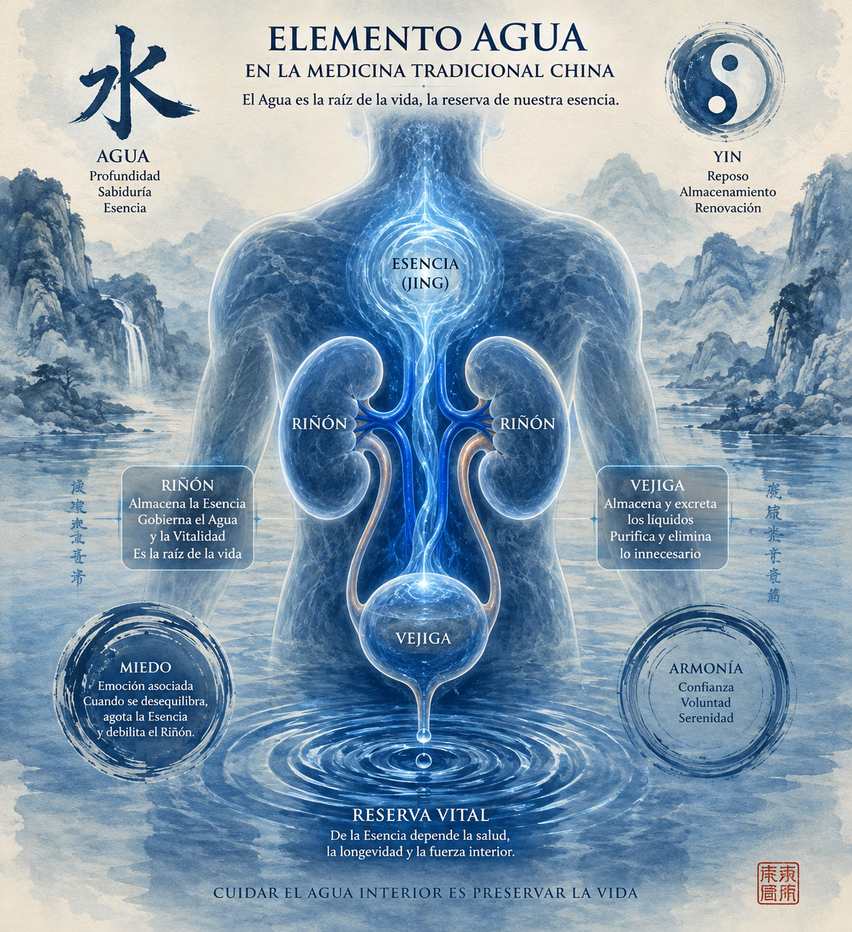 Ilustración simbólica del elemento Agua en la Medicina Tradicional China, representando el Riñón y la Vejiga como reserva vital