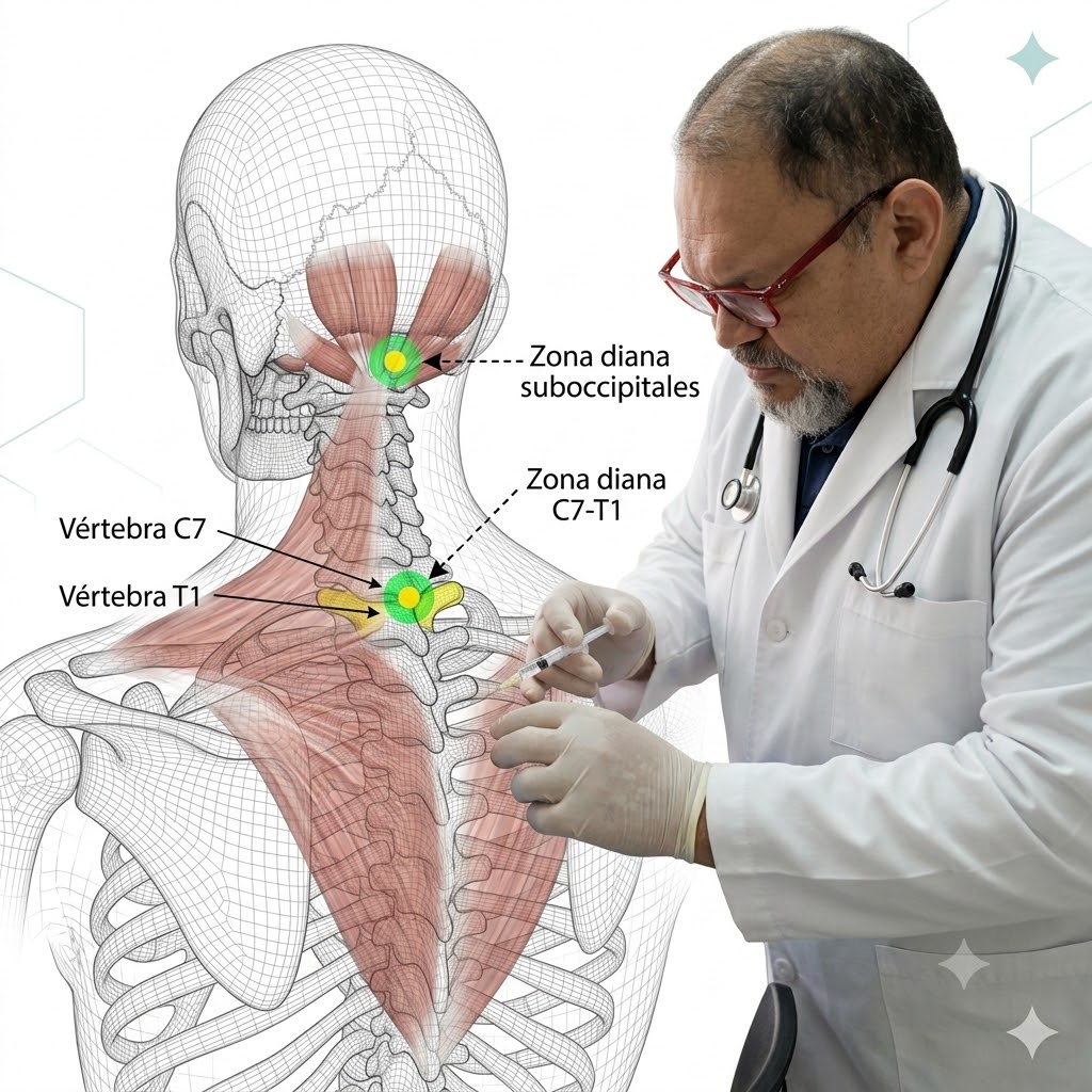 Diagrama anatómico de la unión cervicodorsal C7-T1, el trapecio descendente y los músculos suboccipitales, zonas diana de la infiltración